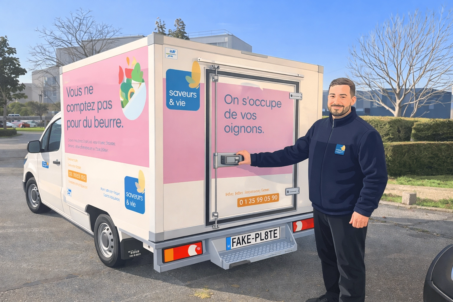 Veilleur-livreur Saveurs et Vie au pied de la camionette réfrigérée avec le logo Saveurs et Vie